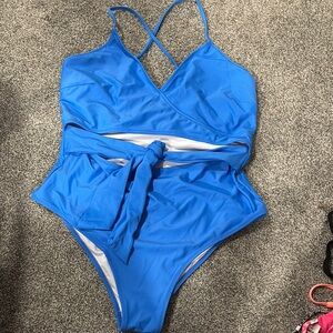 SHEIN Blue One Piece Swimsuit Wrap Design